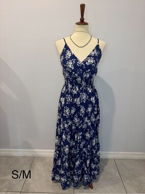 Navy Floral Maxi Dress with Adjustable Spaghetti Straps